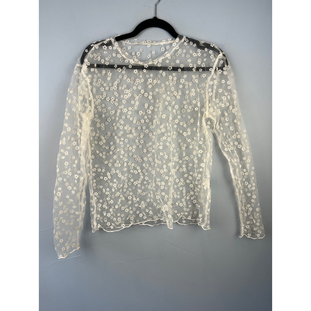 White Sheer Mesh Long Sleeve Top Allover Flower Daisy Detail SZ L Fairy Trendy